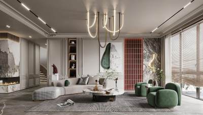 法式别墅客厅 弧形沙发 圆形茶几 单人沙发 摆件 雕塑